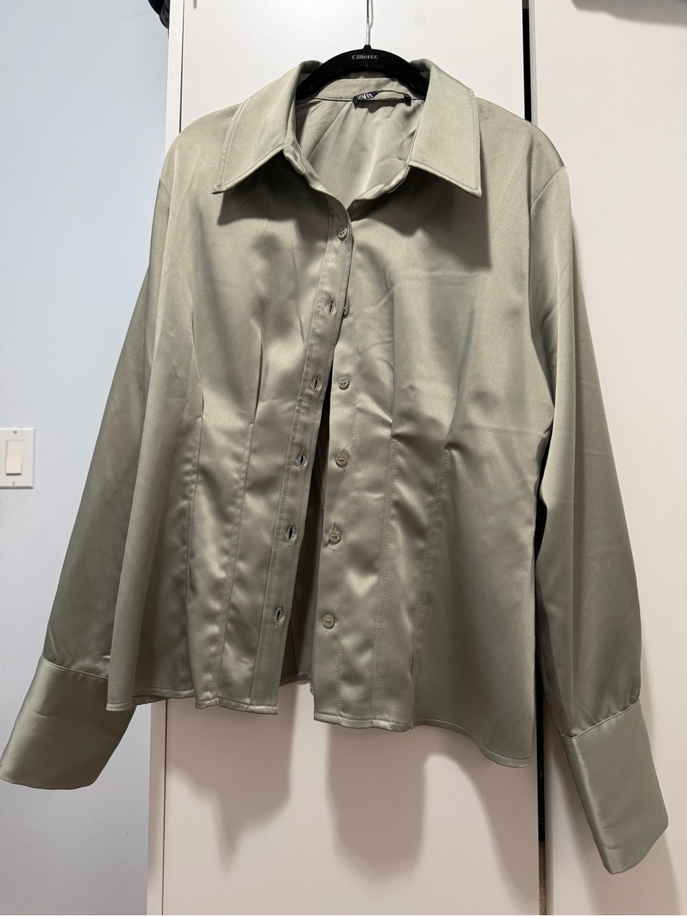 Zara Satin Button-Up Shirt in Sage Green